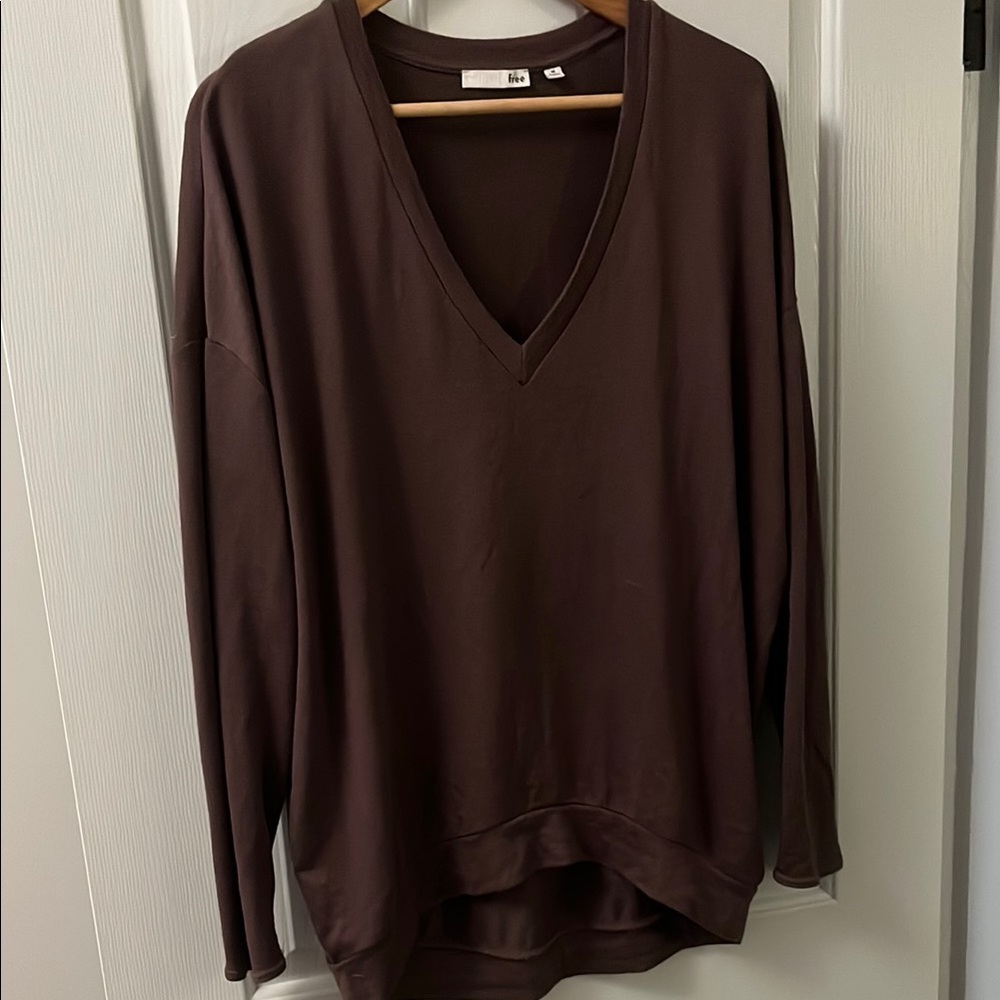 Brown V-Neck Long Sleeve Top